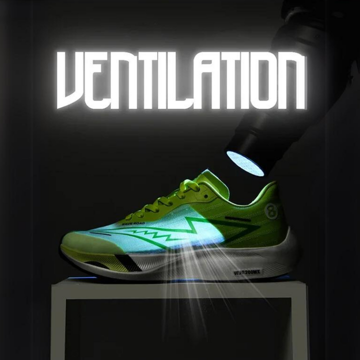 A green and yellow running shoe is illuminated by a spotlight from above, with the word VENTILATION glowing prominently at the top of the image, highlighting its shock-absorbing sole for added comfort.