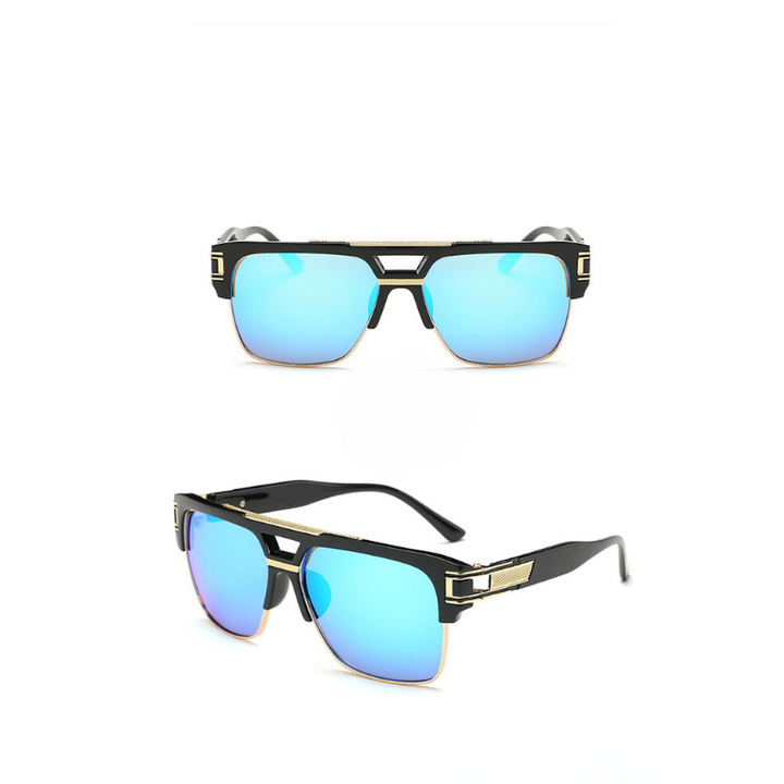 Two views of geometric sunglasses featuring black and gold frames with reflective blue lenses. Shown from the front and at an angle, these stylish shades offer UV400 protection and highlight their modern design.