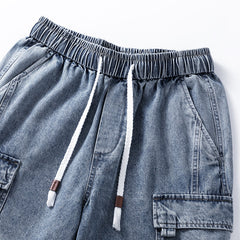 A pair of blue jeans featuring an elastic waist for added comfort.