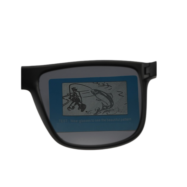 A black-rimmed UV400 sunglass lens shows a hidden image of two fish and water, revealed only when viewed through the stylish sunglasses. Text below reads: TEST: Wear glasses to see the beautiful pattern.