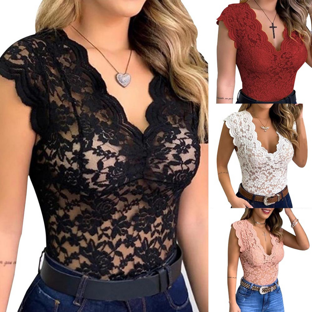 A woman wears a lace top with a scalloped neckline and short sleeves—perfect for summer fashion. The main image shows the black version, while smaller images display the same style in red, white, and blush pink.