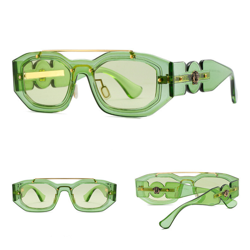 Green, geometric-framed sunglasses with UV400 protection and gold accents feature a decorative design on the arms. Shown from three angles—front, side, and three-quarters view—the sunglasses have light green, scratch-resistant lenses.