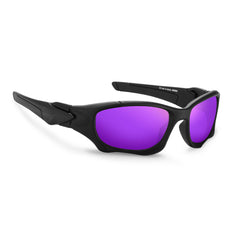 Black sports sunglasses with thick frames and mirrored purple lenses, shown at a slight angle on a white background. These polarized cycling glasses are designed for optimal vision and comfort during outdoor activities.