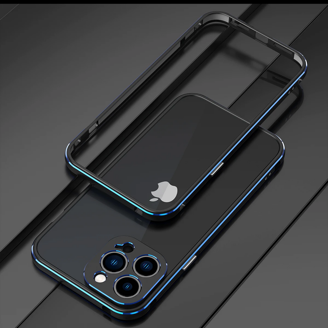 A smartphone with a reflective black back and a silver Apple logo lies on a dark surface. A matching durable phone case is placed beside it, highlighting the phone’s triple camera setup and offering essential drop protection.