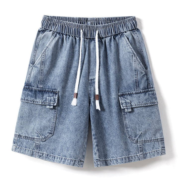 Light blue mens denim shorts with an elastic waist, white drawstring, two side pockets, and two large flap pockets on each leg, displayed on a white background.