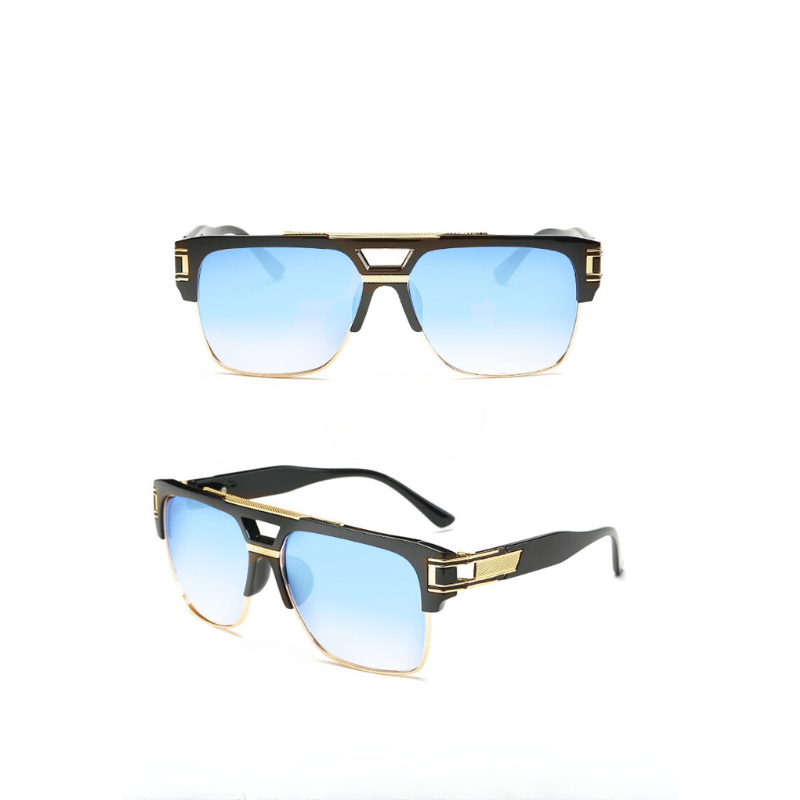 Two views of geometric sunglasses with black frames, gold accents, and blue gradient, scratch-resistant lenses offering UV400 protection, shown from the front and at an angle on a white background.