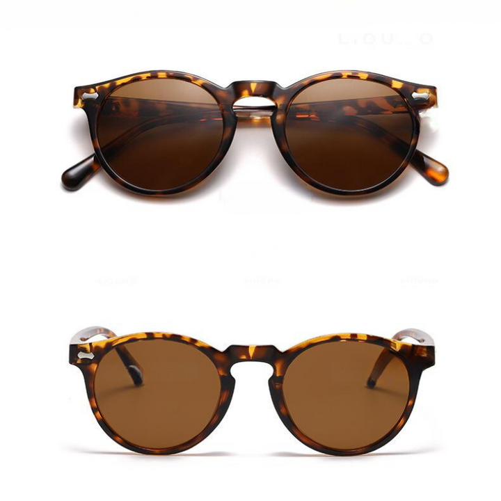 Two views of round frame sunglasses with a tortoiseshell design and brown lenses; top image shows a side angle, bottom image shows a front view. These trendsetting sunglasses feature UV400 protection for stylish, reliable eye care.