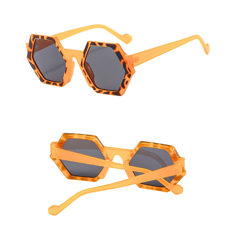 Two views of trend-forward sunglasses with orange tortoiseshell hexagonal frames and dark lenses. The top view shows the front, while the bottom highlights the back with crossed arms. Features UV400 protection for optimal eye safety.