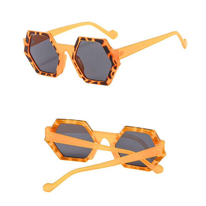 Two views of trend-forward sunglasses with orange tortoiseshell hexagonal frames and dark lenses. The top view shows the front, while the bottom highlights the back with crossed arms. Features UV400 protection for optimal eye safety.