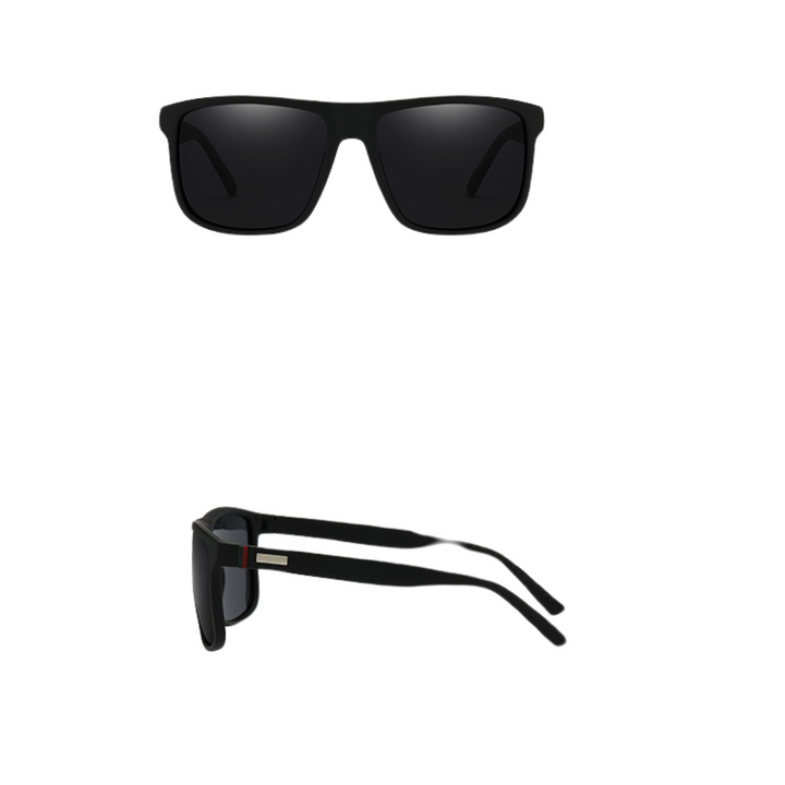 Two views of stylish sunglasses: one from the front showing dark UV400 lenses, and one from the side highlighting the sleek, lightweight black frame and arms.