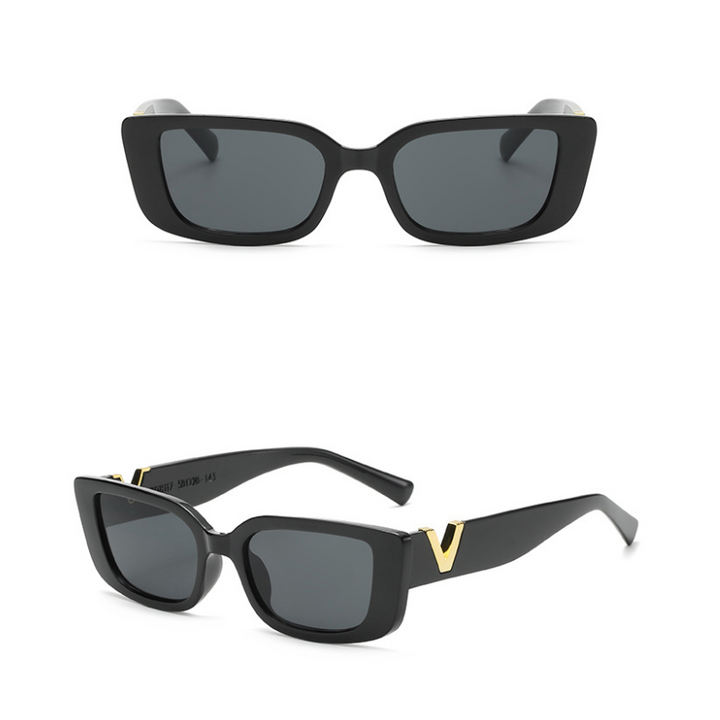 Two views of black designer sunglasses: front view highlights dark lenses with UV400 protection, while the angled shot reveals geometric frames and gold V-shaped accents on the temples.