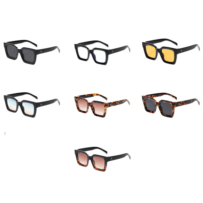 A collection of seven pairs of square-framed sunglasses with acetate frames, displayed in two rows. Frames are black or tortoiseshell, featuring lenses in clear, yellow, blue, gray, and pink tints for stylish UV protection.
