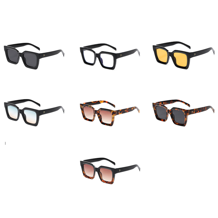 A collection of seven pairs of square-framed sunglasses with acetate frames, displayed in two rows. Frames are black or tortoiseshell, featuring lenses in clear, yellow, blue, gray, and pink tints for stylish UV protection.