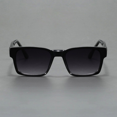 A pair of black square-framed sunglasses with durable frames and dark tinted lenses, featuring modern design and UV400 protection, displayed against a plain grey background.