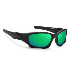 A pair of black sports sunglasses with green mirrored lenses, shown at a slight angle on a white background—perfect polarized cycling glasses for your next ride.
