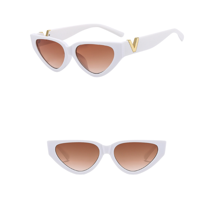 White vintage cat eye sunglasses with bold frames, brown gradient lenses, and gold V accents on the temples. The first view is angled from above, the second straight-on, both set against a plain white background. Includes UV400 protection.