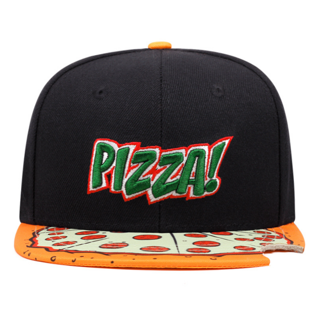 A black snapback statement piece with PIZZA! embroidered in green, white, and red on the front. The orange brim features a unique brim hat design—decorated like a pepperoni pizza slice.