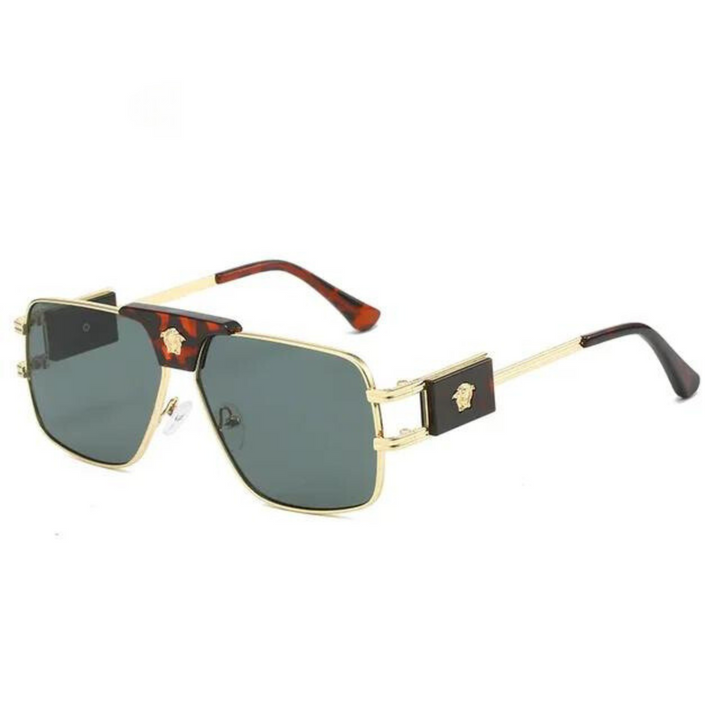 Gold-rimmed, square bold sunglasses with premium metal frames, dark lenses offering UV400 protection, tortoiseshell temple tips, and a small gold Medusa emblem on each black side piece near the hinge.