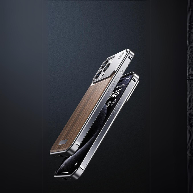 A smartphone with a luxury wood phone case is shown floating above an open silver and black flip cover, both against a dark background. The phone displays the time on its screen.