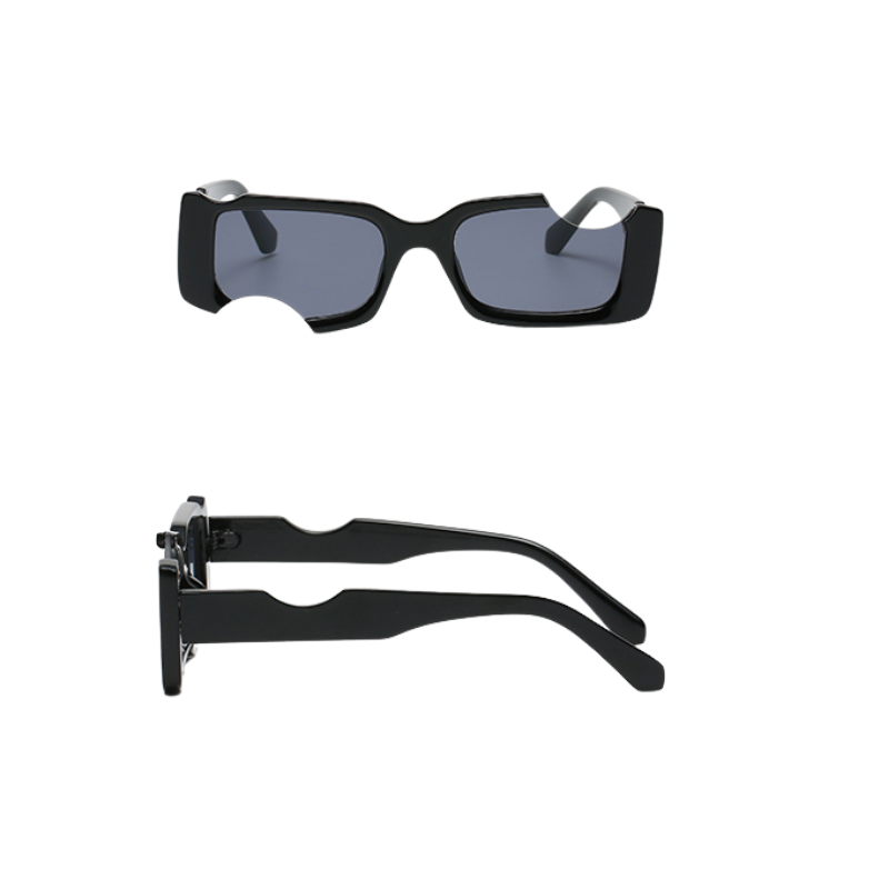 Rectangular black sunglasses with dark lenses shown from the front and side on a white background. The thick, glossy frames offer a modern, bold design and provide UV400 protection for superior eye safety.