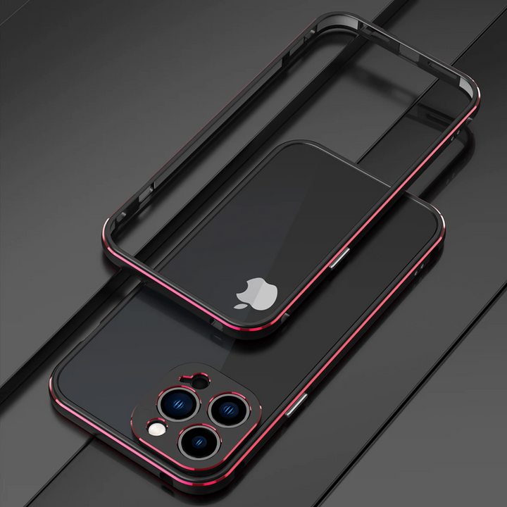 A sleek black smartphone with a triple camera setup and a red-edged durable phone case is placed on a dark, reflective surface. The phone’s Apple logo is visible, and the case, designed for drop protection, is shown partially detached above the phone.
