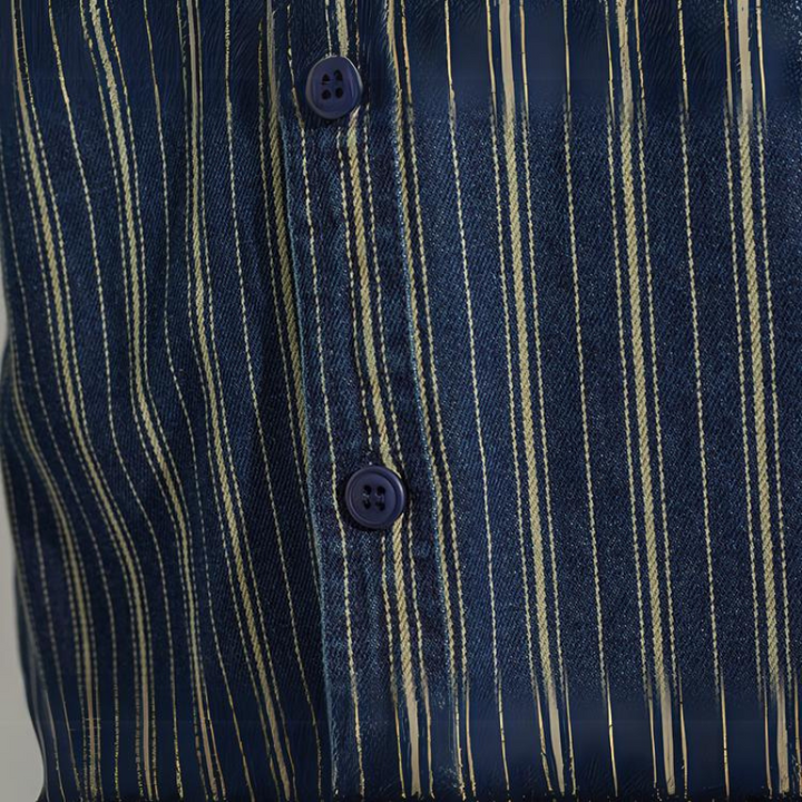 Close-up of a relaxed-fit button-down in dark blue with thin vertical white and beige stripes, featuring two dark blue buttons along the placket.