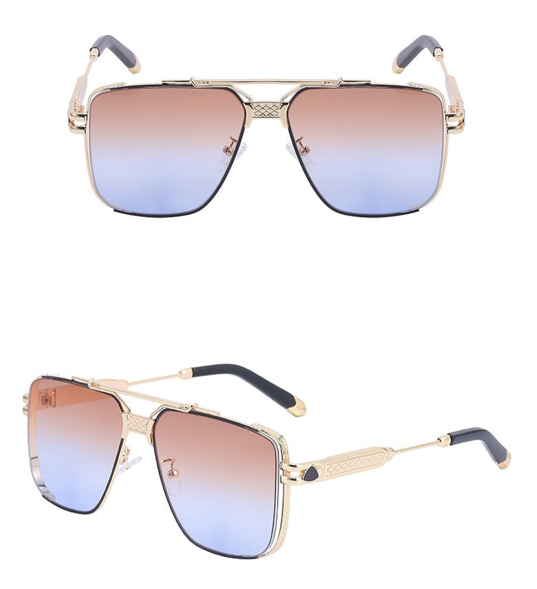 Rectangular vintage sunglasses with gold metal frames and blue-to-brown gradient lenses, shown from both front and angled side views. Featuring UV400 protection, the temples have black tips and a decorative gold pattern.