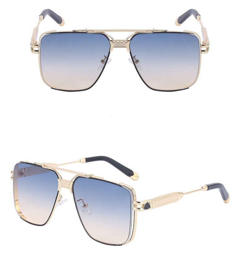 Gold-framed aviator vintage sunglasses with gradient blue to beige, anti-glare lenses are shown from both front and angled side views. The arms feature black tips, decorative detailing near the hinges, and offer UV400 protection.