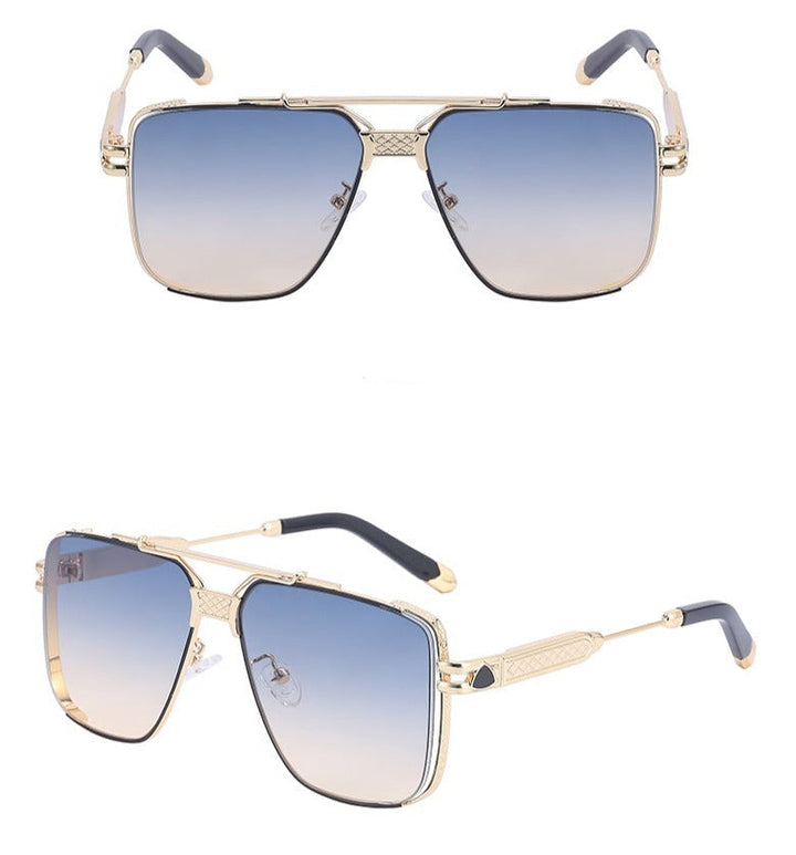 Gold-framed aviator vintage sunglasses with gradient blue to beige, anti-glare lenses are shown from both front and angled side views. The arms feature black tips, decorative detailing near the hinges, and offer UV400 protection.