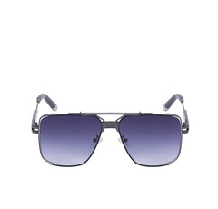Front view of vintage sunglasses with square-shaped gradient dark lenses and a thin black metal frame, featuring UV400 protection, a double nose bridge, and black temple tips.