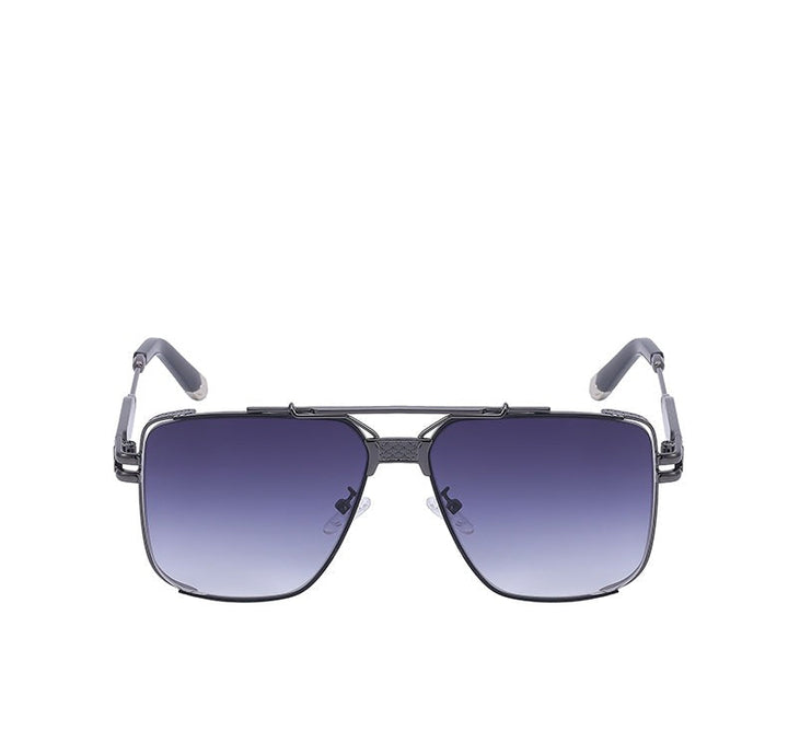 Front view of vintage sunglasses with square-shaped gradient dark lenses and a thin black metal frame, featuring UV400 protection, a double nose bridge, and black temple tips.