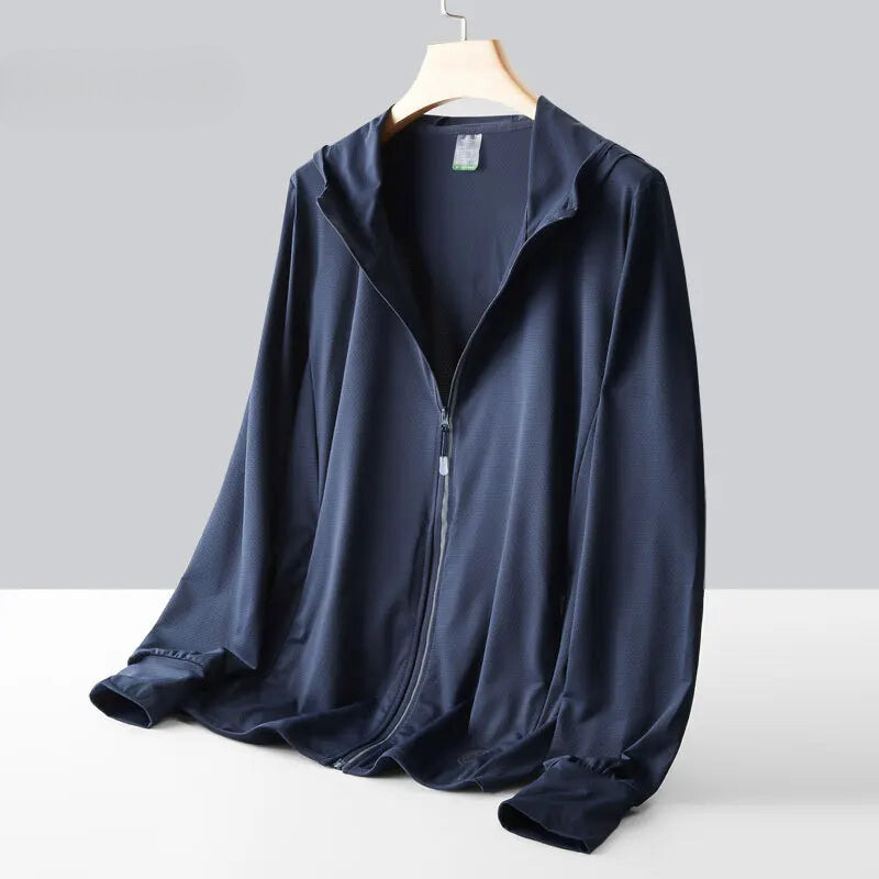 A dark navy blue zip-up jacket with long sleeves is displayed on a hanger against a light gray background. The lightweight jacket features quick-drying fabric and offers a relaxed fit with no visible branding.