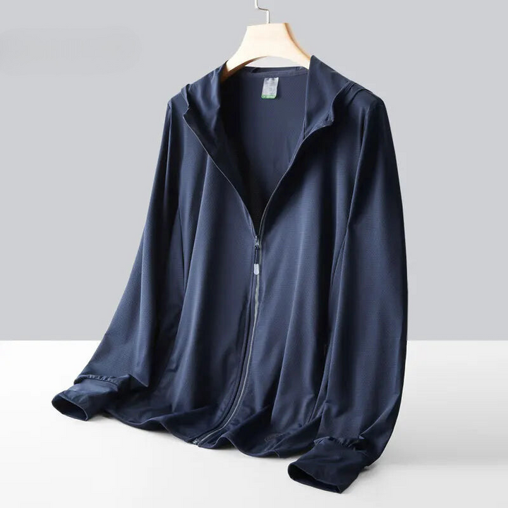 A dark navy blue zip-up jacket with long sleeves is displayed on a hanger against a light gray background. The lightweight jacket features quick-drying fabric and offers a relaxed fit with no visible branding.