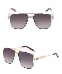 Gold-framed aviator vintage sunglasses with dark gradient, anti-glare lenses shown from the front and side angles, highlighting the detailed temples, UV400 protection, and classic double bridge design.