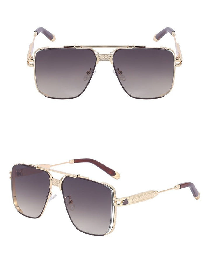 Gold-framed aviator vintage sunglasses with dark gradient, anti-glare lenses shown from the front and side angles, highlighting the detailed temples, UV400 protection, and classic double bridge design.