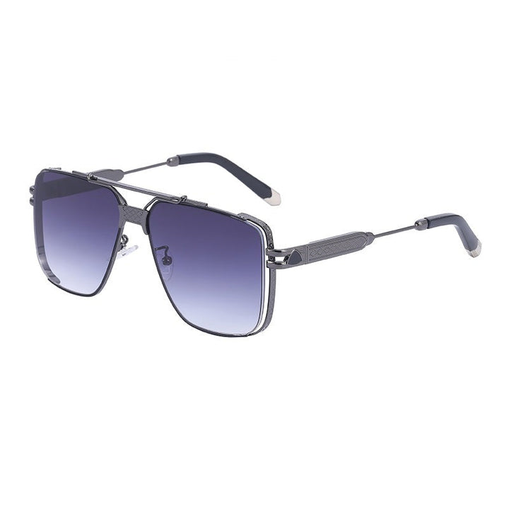 Metal-frame vintage sunglasses with large, square, gradient lenses fading from dark blue to clear. Featuring UV400 protection, the thin dark arms have silver details and angled temple tips for a stylish finish.