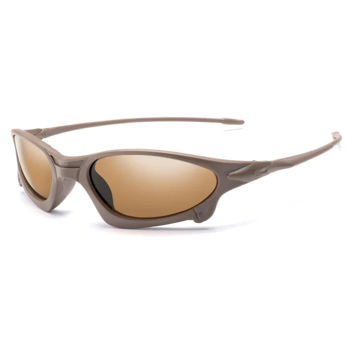 Brown wraparound sports polarized sunglasses with reflective bronze lenses and a sleek, sporty plastic frame offering UV400 protection, displayed on a white background.