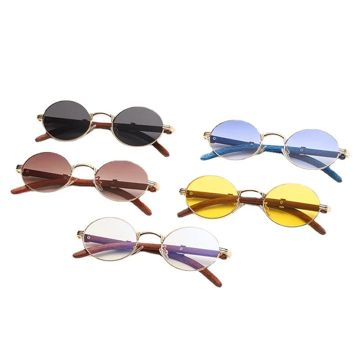 Five pairs of vintage sunglasses with gold frames are displayed; the round lenses, offering UV400 protection, come in black, blue, brown, clear, and yellow tints with stylish brown or blue arms.