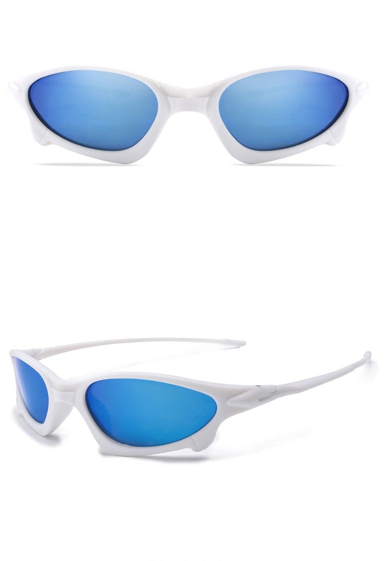 White-framed Sports Polarized Sunglasses with mirrored blue oval lenses shown from the front and at an angle on a white background, offering UV400 Protection.
