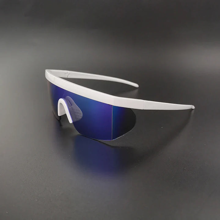 Futuristic sport sunglasses with a single blue-tinted reflective lens and white frame, displayed on a dark surface—ideal as UV400 Cycling Glasses or stylish bicycle eyewear.