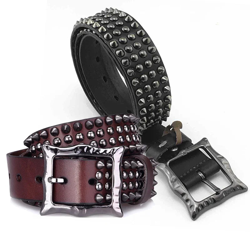 Two leather belts, one black and one brown, both feature studded detailing and silver-colored metal buckles with rounded edges. Crafted with quality leather construction, the coiled belts overlap in a stylish display.
