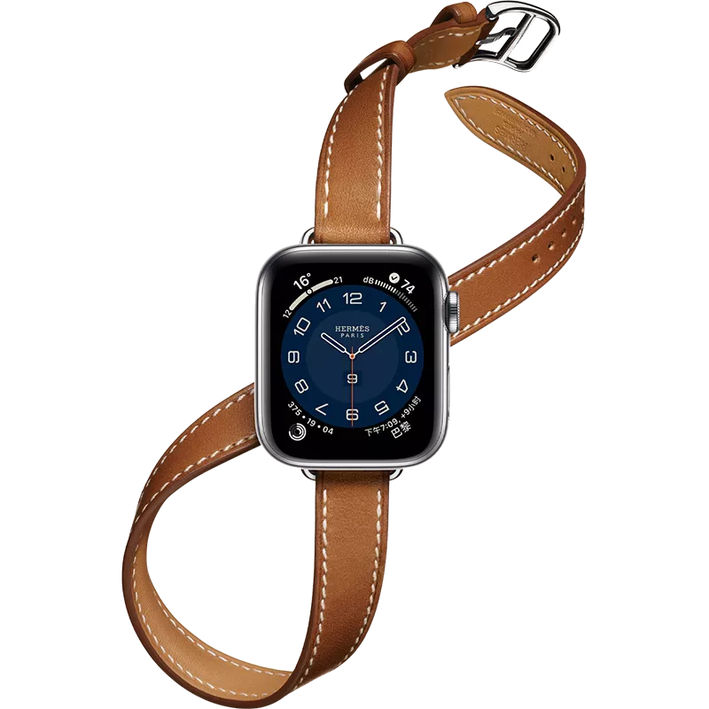 A smartwatch with a blue face and brown double wrap design genuine leather Apple Watch band, featuring white numerals and luxury branding on the watch face.