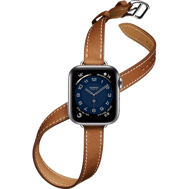 A smartwatch with a blue face and brown double wrap design genuine leather Apple Watch band, featuring white numerals and luxury branding on the watch face.