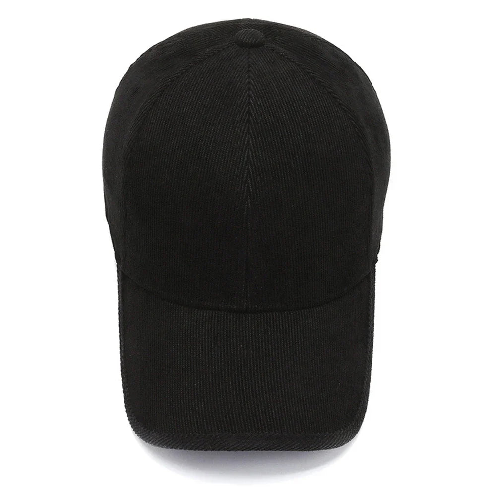 A plain black baseball cap, inspired by classic retro hats, viewed from the front against a white background.