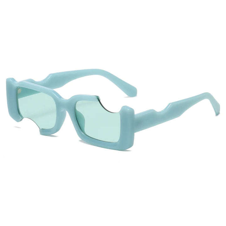 Light blue, rectangular avant-garde sunglasses feature thick, angular frames with a jagged design and light green-tinted lenses. These irregular sunglasses offer a bold, futuristic look along with UV400 protection for your eyes.
