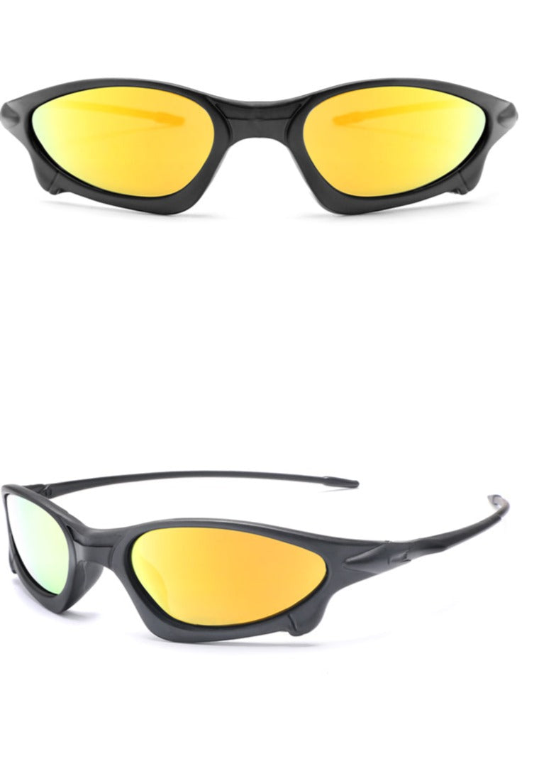 Two views of sporty black goggles with yellow mirrored lenses: one showing the front and the other a side angle, highlighting the wraparound design, sleek frame, and UV400 protection for superior eye safety.