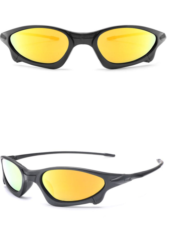 Two views of sporty black goggles with yellow mirrored lenses: one showing the front and the other a side angle, highlighting the wraparound design, sleek frame, and UV400 protection for superior eye safety.