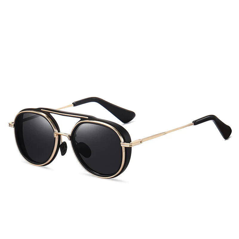 A pair of stylish polarized sunglasses with round black lenses, thin gold metal frames, and black plastic temple tips, displayed on a white background—perfect for those seeking high-end eyewear.