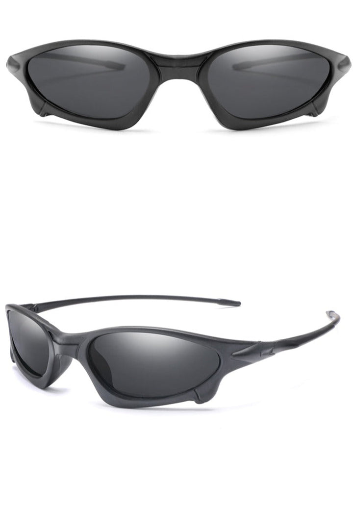 Black wraparound sports polarized sunglasses shown from a front view and an angled side view, featuring dark lenses with UV400 protection and a sleek, sporty frame design.