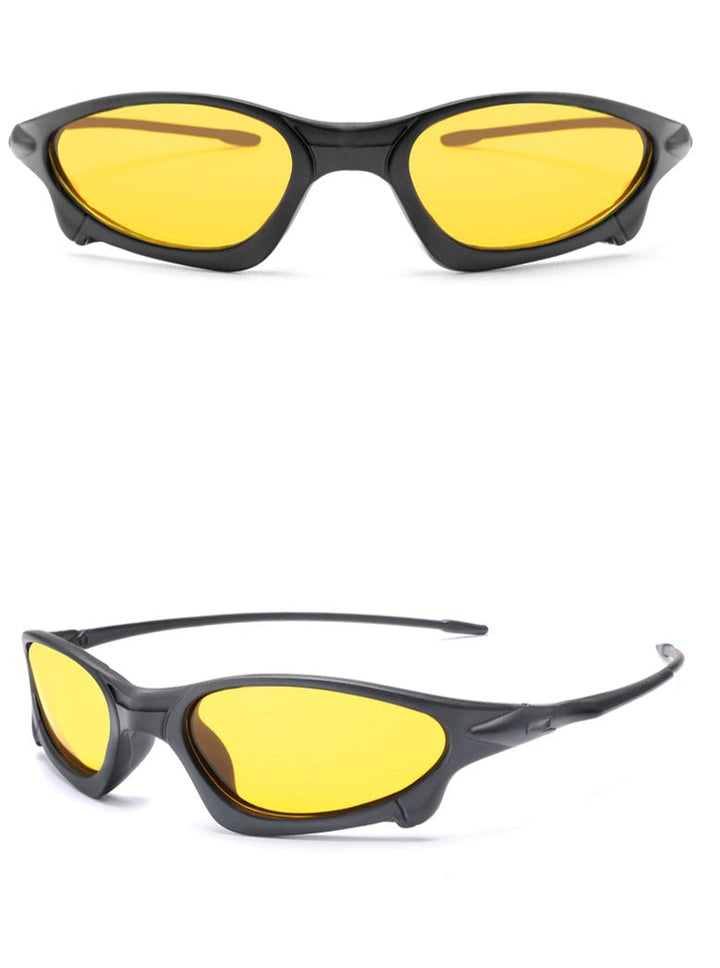 A pair of black sports polarized sunglasses with yellow tinted lenses and UV400 protection, shown from the front and at an angle on a white background.